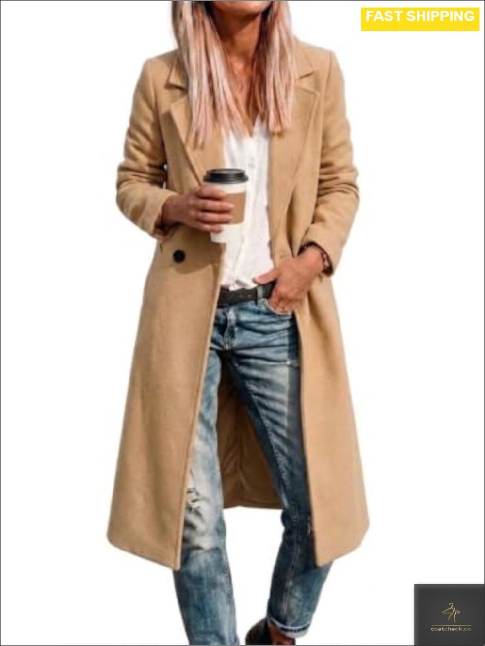 Long Wool Blend Pea Coat Women Winter Slim Fit Notch Lapel